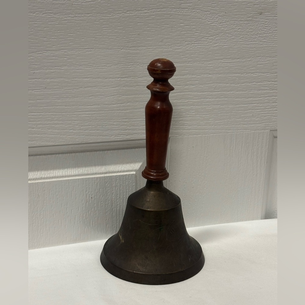 Vintage Etched Brass Bell With Wooden Handle